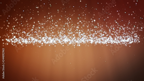 Brown digital abstract background with wave particles, glow sparkles and space with depth of field. Particles form lines, surface and grid.