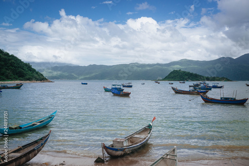 Bay  a village in Vietnam  with fishermen  boats on the background of the sea
