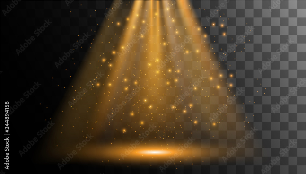 Transparent glow light effect.Gold glitter powder splash background. Golden dust. Magic mist glowing.