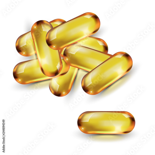 Oil golden capsule in vector isolated on white background. Cosmetic pill capsule of vitamin E, A, Argan Almond oil, Omega 3, fish. Gold glass ball template. Realistic 3d yellow serum droplet.