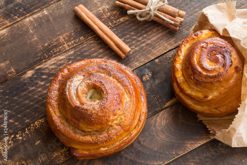 Cinnamon rolls on the table. horizontal top view