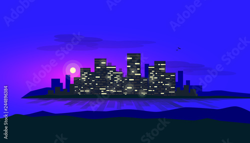 Night scene of city bank glowing skyscrapes skyline office buildings. Shadows and reflections on the water of riverside sea bay. Urban vector illustration with clouds ons sky and hills in the front.