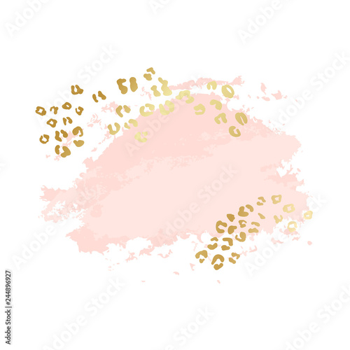 Abstract geometric vector background, brush illustration. Pink ink brush stroke with rich golden exotic leopard animal skin texture