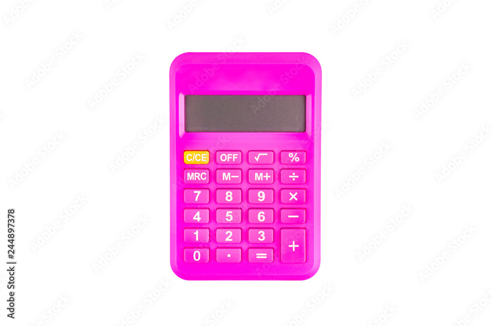 One digital pink plastic calculator isolated on white background. Top view. Clipping path - image One digital pink plastic calculator isolated on white background. Top view. Clipping path - image