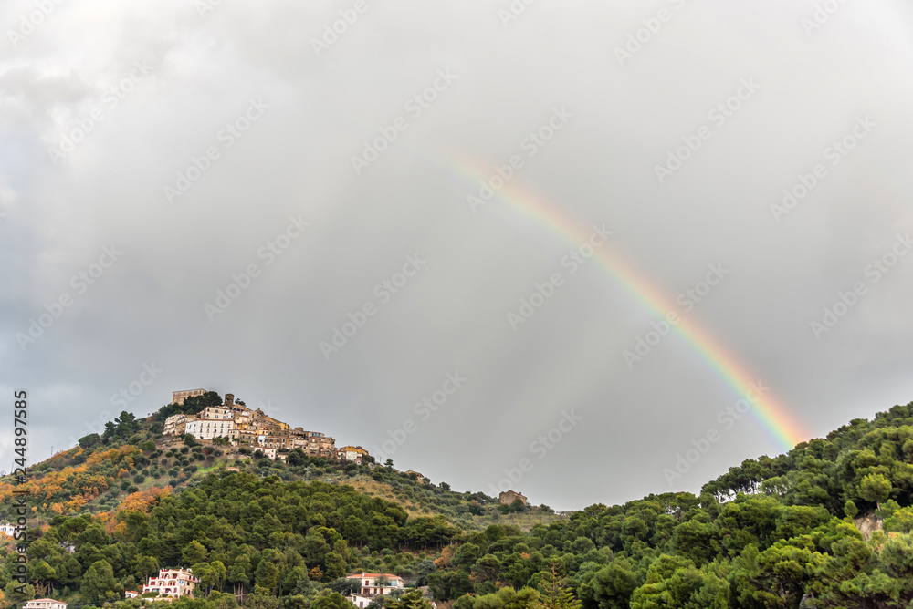 Rainbow over a Hilltop Village in Southern Italy on the Mediterranean Coast