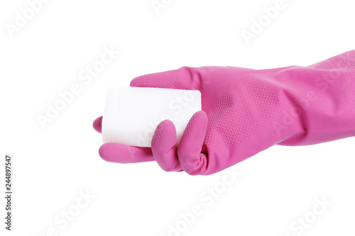 Soap in a pink glove on a white background isolated
