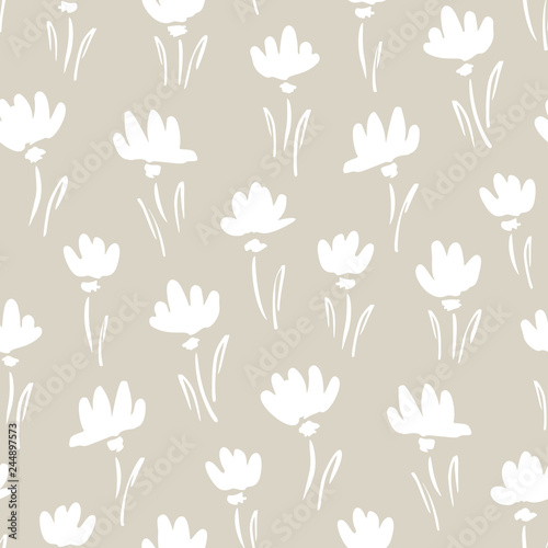 White Abstract Gestural Snowdrop Flowers Vector Seamless Pattern. Simple Clean Floral Backrgound. © Anna Putina