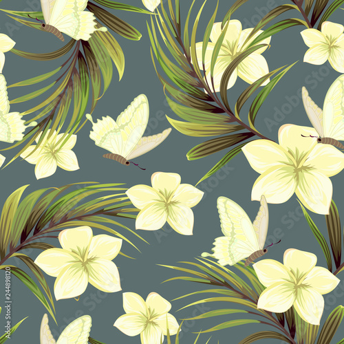 Pattern with palm leaves and exotic flowers