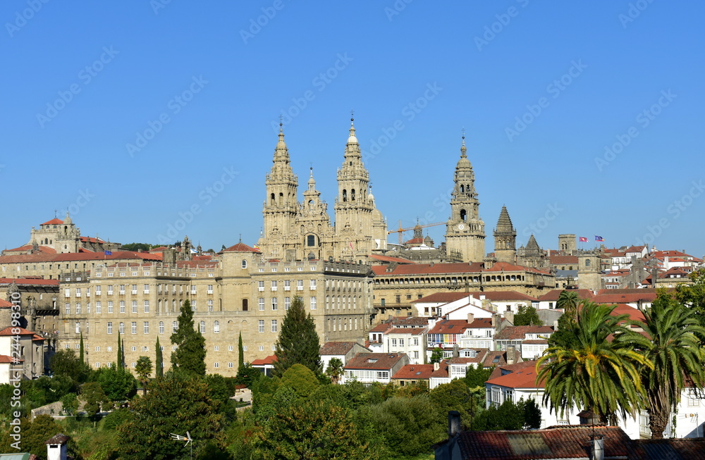 Cathedral, view from Alameda park. Baroque facade and towers with City Hall. Santiago de Compostela, Spain.