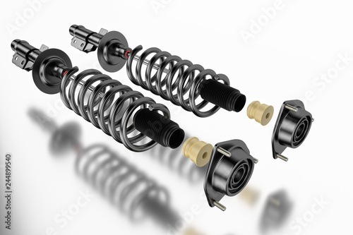 3D rendering. Passenger car Shock Absorber with dust cap, buffer mounting and strut mounting - new auto parts, spare parts. Spare parts for shop, aftermarket OEM