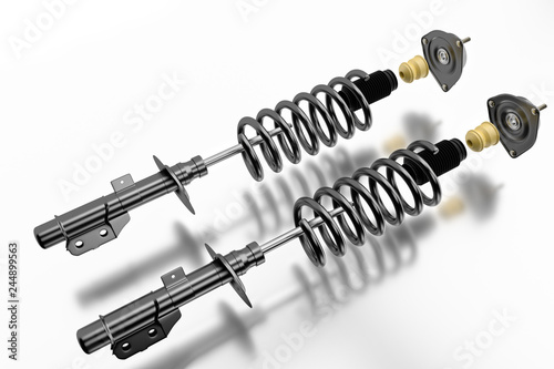 3D rendering. Passenger car Shock Absorber with dust cap, buffer mounting and strut mounting - new auto parts, spare parts. Spare parts for shop, aftermarket OEM