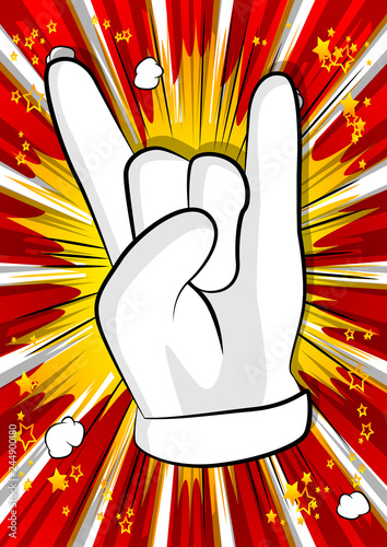 Vector cartoon hand in rocker pose. Illustrated hand expression, gesture on comic book background.