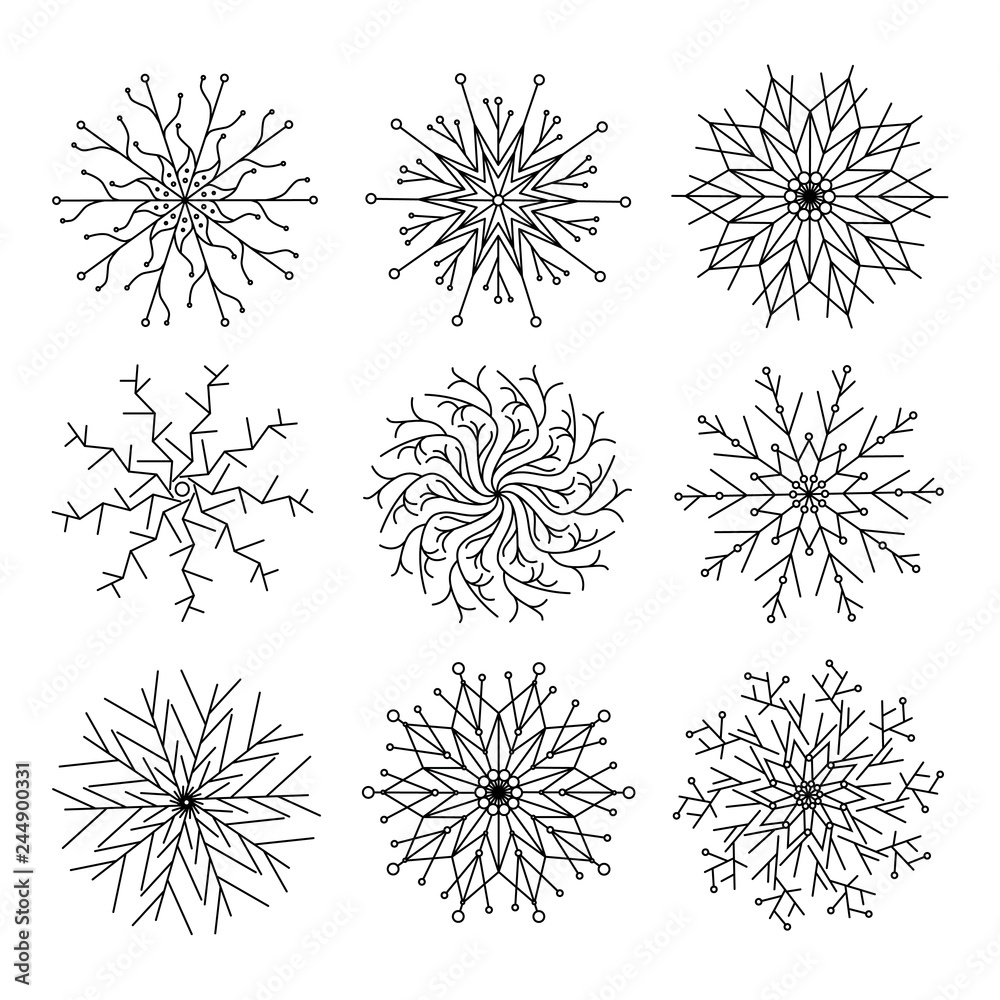 Obraz premium Vector collection of snowflakes, black icon on a white background