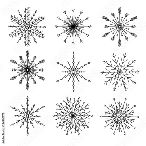 Vector collection of snowflakes, black icon on a white background