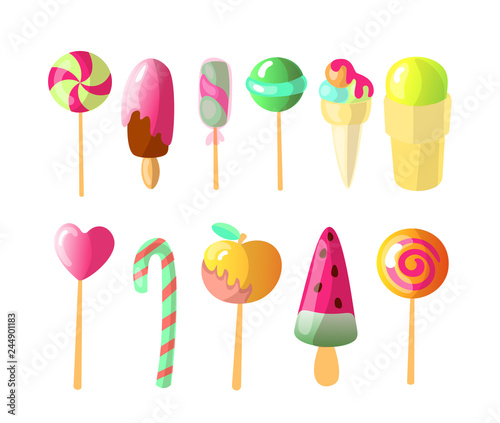 Set of bright vector candies, Ice creams Set of colorful lollipops and Ice-cream, cartoon illustration. Round and heart lollipop, caramelized apple, sweet candy cane, strawberry chocolate icecream