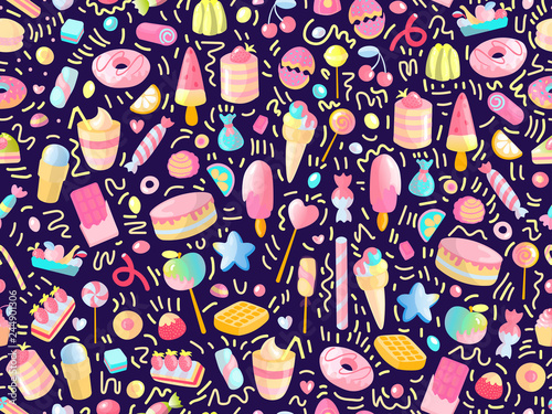 Cute seamless pattern with colorful sweets, cakes, lollipops. Cartoon seamless pattern with candy and sweet dessert. Fun colorful sweet pattern with candy, ice cream, round lollipops. Candy pattern