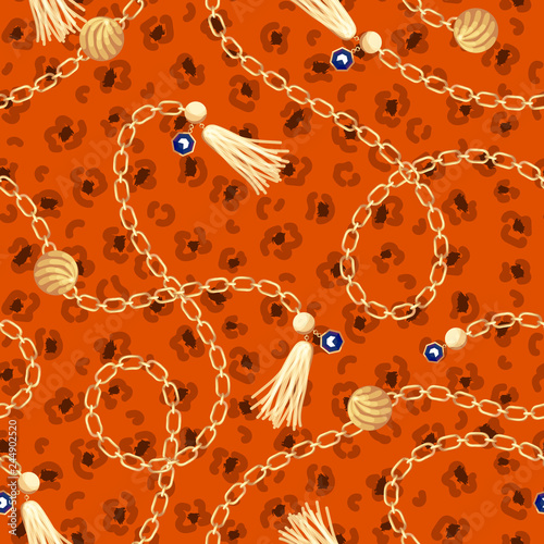 Seamless pattern with gold chains and leopard orange spots. Dress fabric design.