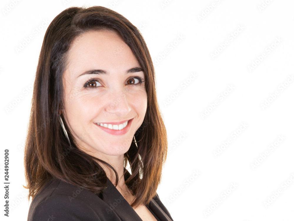pretty smiling brunette portrait with blanck white copyspace background pretty smiling brunette portrait with blanck white copyspace background