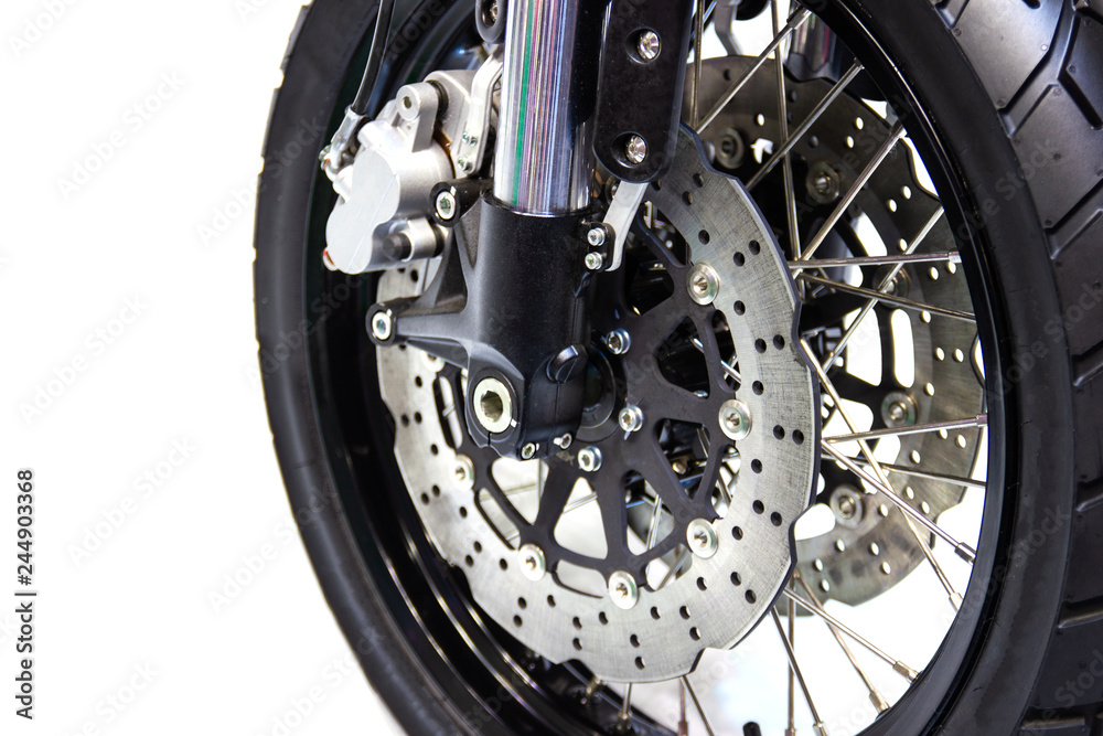 Detail Motorcycle wheel and Disc Brake ABS brakes part of the motorcycle. Detail Motorcycle wheel and Disc Brake ABS brakes part of the motorcycle.