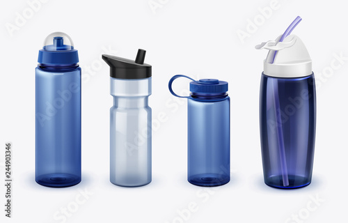 Vector illustration of sport water bottles set various shapes and size isolated on background