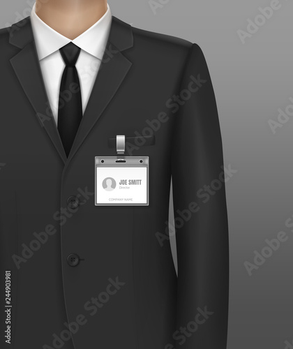 Vector illustration of formally dressed in classic suit businessman with id badge holder on strap clip