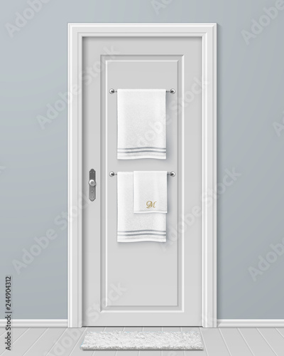 Vector illustration of white towels hanging on hanger on door in bathroom