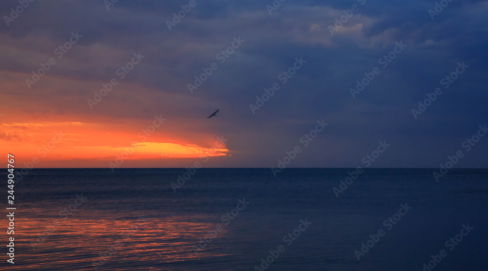 Incredible beautiful sunset. The sun goes into the sea and colors the sky in a bright orange color. Incredible beautiful sunset. The sun goes into the sea and colors the sky in a bright orange color.