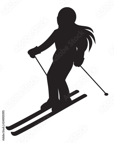 Skiing down the mountain. Skier, girl, ski. Winter sport, activity.