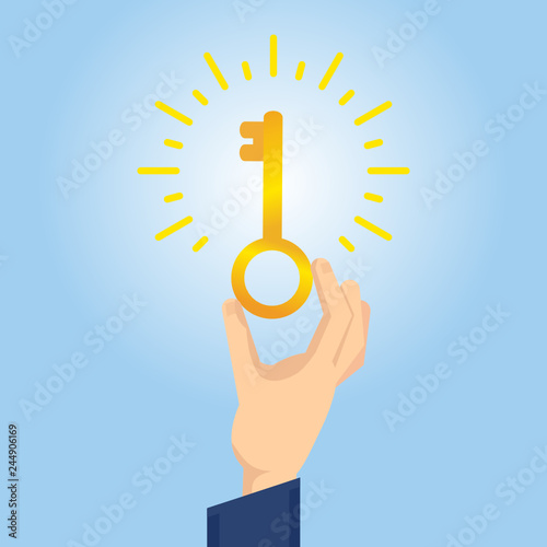 Hand holds glowing golden key on blue background. Find the key to solve problems, opportunity, business solution. Flat design vector illustration