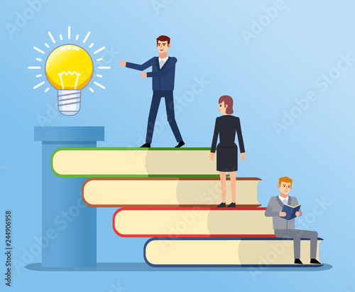 People climbing on book stairs for knowledge, idea. Self education concept. Career growth, success through education. Flat design vector illustration