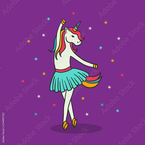 Unicorn ballerina dancing, cute baby girl wearing light blue tutu skirt for ballet. Little lovely pony horse, colorful vector illustration for kids print, fashion wear, clothing, book, birthday card.