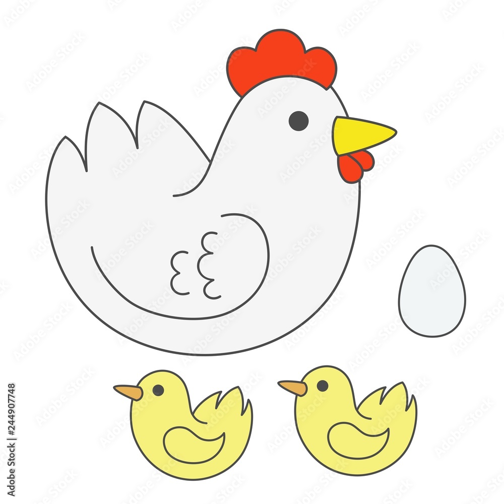 White cartoon chicken with egg and little chickens. Set of domestic birds. Vector illustration. White cartoon chicken with egg and little chickens. Set of domestic birds. Vector illustration.