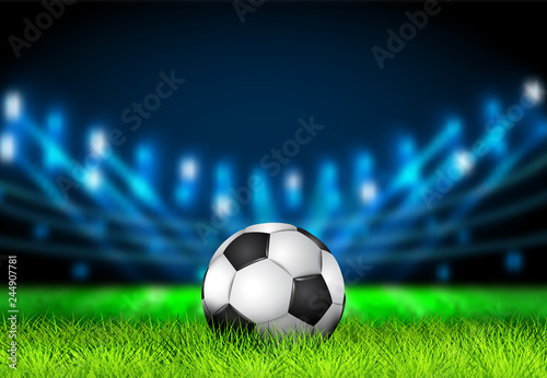 Realistic 3D Soccer ball on the grass football field with bright stadium lights. Football Arena. Vector illustration for soccer, sport game, football, championship, gameplay.Sport background concept.