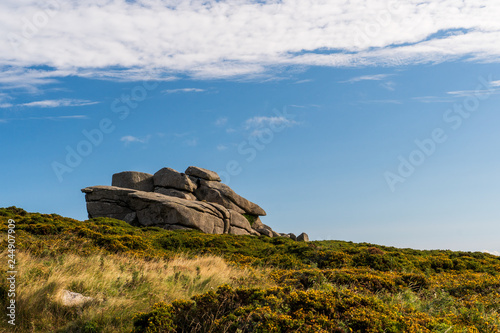 Photography Isolated large granite rock formation surrounded by yellow gorse and tall grass under a blue sky