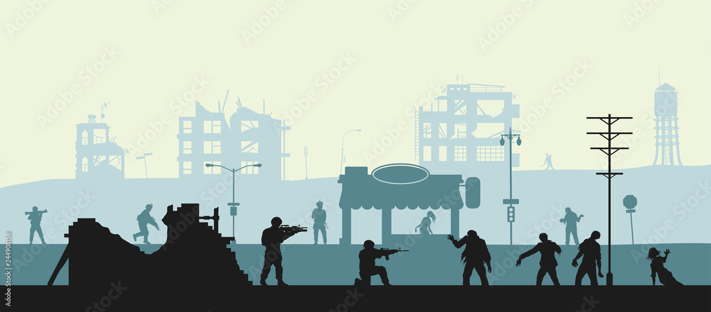 Zombie apocalypse scene. Silhouettes of soldiers and dead peoples. Military landscape. Undead in city. Nightmare monsters