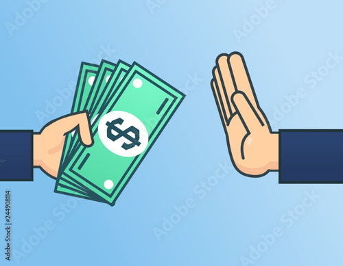 Reject bribe. Stop corruption, don't take bribes, money concept. Flat design vector illustration
