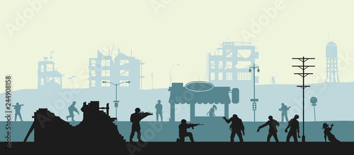 Zombie apocalypse scene. Silhouettes of soldiers and dead peoples. Military landscape. Undead in city. Nightmare monsters