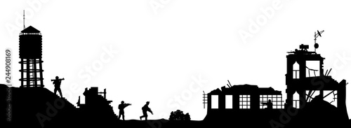 Black military silhouettes on white background. Soldiers assault house with terrorists. Scene of broken city. War panorama