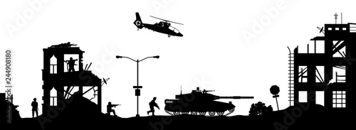Black military silhouettes on white background. Soldiers assault house with terrorists. Scene of combat in broken city. War panorama