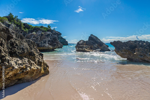Rocks and the sandy beach at Horseshoe Bay, Bermuda