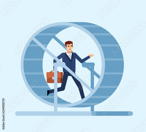 Businessman running in hamster wheel. To not progress in work concept. Useless labor, work. Flat design vector illustration