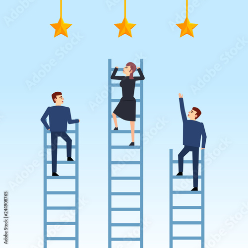 People climbing on different ladders to their dreams, goals. Various opportunities concept. Wrong and right methods to achieve goals. Flat design vector illustration