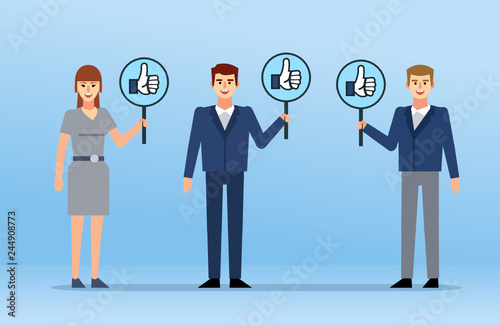 Various people hold sign with thumb up gesture. High praise, scores. Assessment of judges, jury. Flat design vector illustration