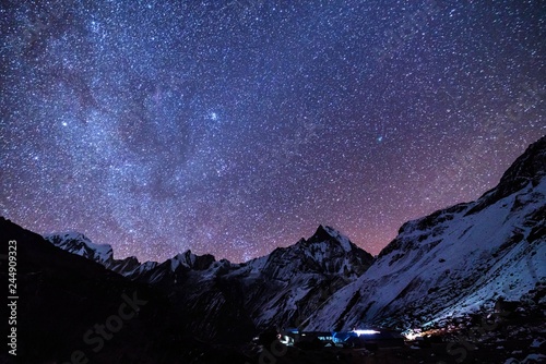 Milky Way and mountains. Amazing scene with Himalayan mountains and starry sky at night in Nepal. Rocks with snowy peak and sky with stars. Annapurna Range. Night landscape with bright milky way photo