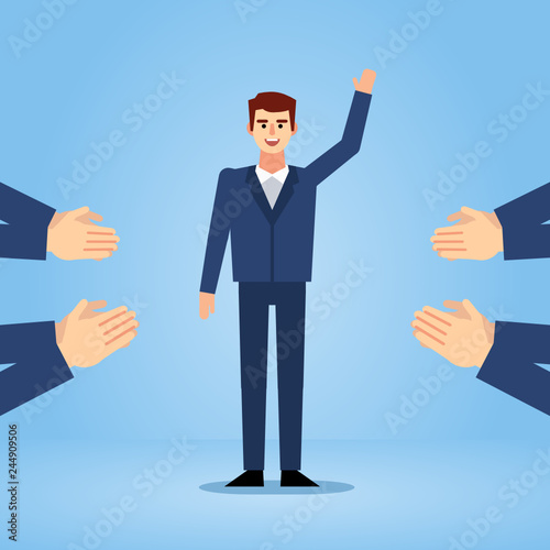 Businessman getting praised, multiple hands applauding. Business achievement, career growth. Flat design vector illustration