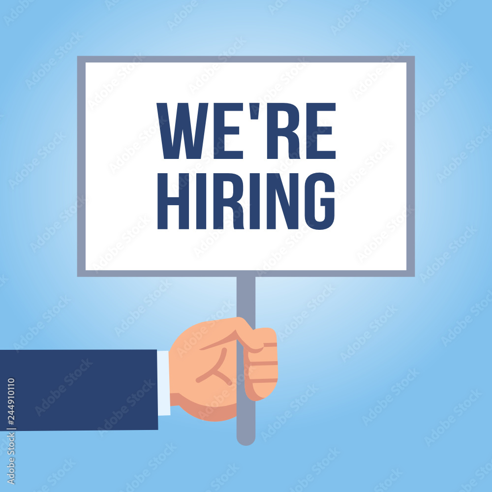 Hand holds signboard. We are hiring, recruitment poster. Flat design vector illustration Hand holds signboard. We are hiring, recruitment poster. Flat design vector illustration