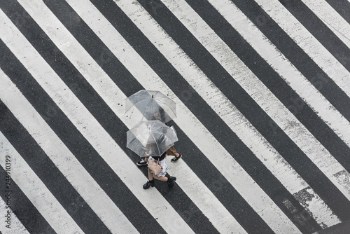 Tokyo Crosswalk Scene on the Rainy Day from above