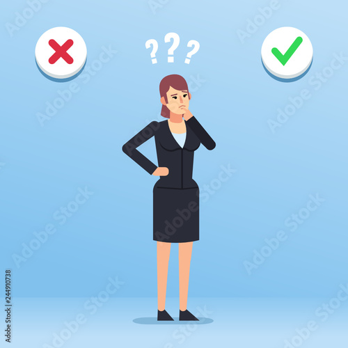 Confused businesswoman stands between approve and decline buttons. Making decision, accept or refuse, social poll. Flat design vector illustration
