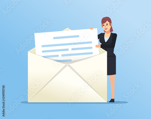 Cheerful businesswoman opens big envelope. Send or receive message, letter. Flat design vector illustration