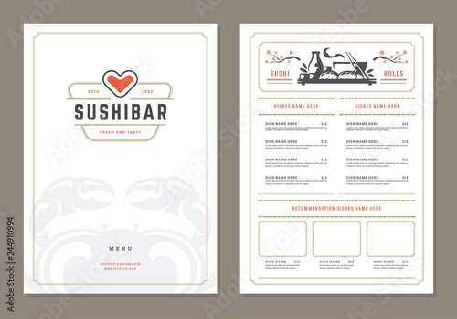 Sushi restaurant menu design and logo vector brochure template.